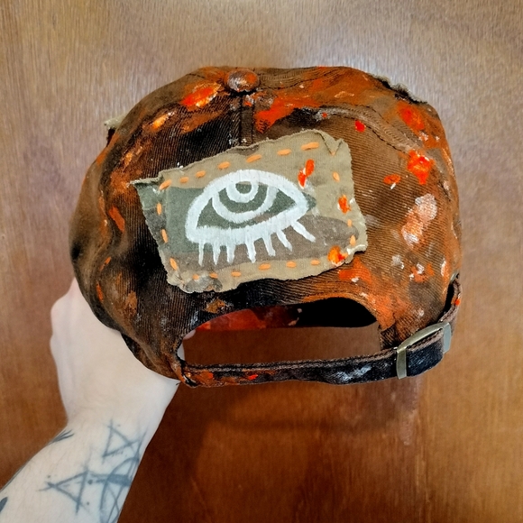 QUEER Camo Bleach Dyed Splatter Painted Hat (neon orange and camo) - Picture 6 of 8